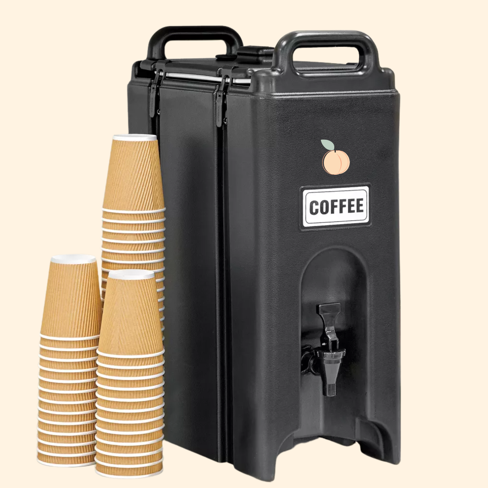 Black coffee dispenser with stack of paper cups on a beige background