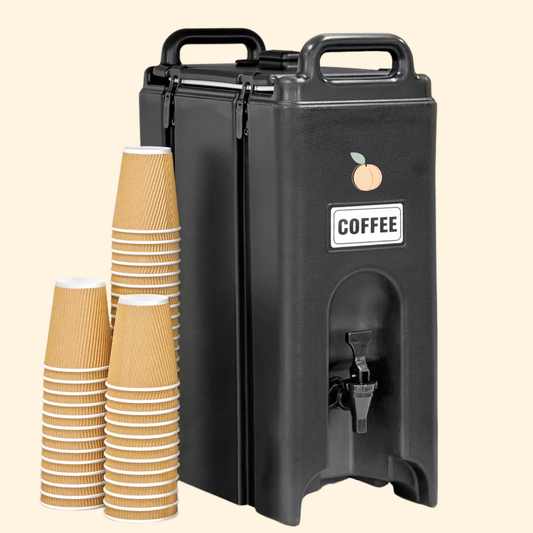 Black coffee dispenser with stack of paper cups on a beige background